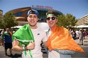 25 August 2017; Conor McGregor supporters Dylan Hoey, left, and Keith Warren prior to the weigh-in for the super welterweight boxing match bewteen Floyd Mayweather Jr and Conor McGregor at T-Mobile Arena in Las Vegas, USA. Photo by Stephen McCarthy/Sportsfile