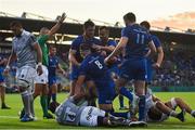 25 August 2017; Max Deegan of Leinster celebrates with team-mates after scoring his side's first try during the Bank of Ireland pre-season friendly match between Leinster and Bath at Donnybrook Stadium in Dublin. Photo by Ramsey Cardy/Sportsfile