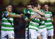 25 August 2017; Brandon Miele of Shamrock Rovers celebrates after scoring his side's first goal with team-mates during the Irish Daily Mail FAI Cup Second Round match between Shelbourne and Shamrock Rovers at Tolka Park, in Dublin. Photo by David Fitzgerald/Sportsfile