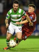 25 August 2017; Brandon Miele of Shamrock Rovers in action against James Brown of Shelbourne during the Irish Daily Mail FAI Cup Second Round match between Shelbourne and Shamrock Rovers at Tolka Park, in Dublin. Photo by David Fitzgerald/Sportsfile