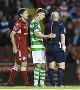 25 August 2017; Ronan Finn of Shamrock Rovers speaks with referee Robert Rogers after being sent off following a second booking during the Irish Daily Mail FAI Cup Second Round match between Shelbourne and Shamrock Rovers at Tolka Park, in Dublin. Photo by David Fitzgerald/Sportsfile