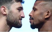 25 August 2017; Nathan Cleverly, left, and Badou Jack square off  during the weigh-in for their WBA Light Heavyweight on the undercard of the super welterweight boxing match bewteen Floyd Mayweather Jr and Conor McGregor at T-Mobile Arena in Las Vegas, USA. Photo by Stephen McCarthy/Sportsfile
