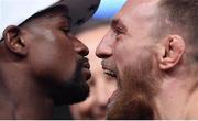 25 August 2017; Conor McGregor and Floyd Mayweather Jr square off following their weigh in ahead of their super welterweight boxing match at T-Mobile Arena in Las Vegas, USA.  Photo by Stephen McCarthy/Sportsfile