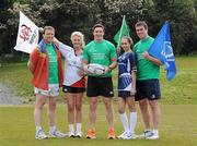 22 May 2012; In attendance at the IMNDA Charity Tag Rugby H-Cup launch are former Munster and Ireland rugby player David Wallace, centre, with Ulster supporter Claire Moore, second from left, Leinster supporter Amanda Ruigrok, Munster and Ireland prop Marcus Horan, left, and Leinster's Ciaran Ruddock. Charity Tag Rugby H-Cup Launch, Blackrock College RFC, Stradbrook Road, Blackrock, Dublin. Picture credit: Matt Browne / SPORTSFILE