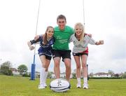22 May 2012; In attendance at the IMNDA Charity Tag Rugby H-Cup launch are Leinster's Ciaran Ruddock with  Leinster supporter Amanda Ruigrok, left, and Ulster supporter Claire Moore. Charity Tag Rugby H-Cup Launch, Blackrock College RFC, Stradbrook Road, Blackrock, Dublin. Picture credit: Matt Browne / SPORTSFILE