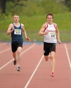 20 May 2012; Eoin Mulhall, Crusaders A.C., leads Curtis Woods, Unattached, on his way to winning the Mens 400m event. Woodie's DIY AAI Games, Morton Stadium, Santry, Dublin. Picture credit: Tomas Greally / SPORTSFILE