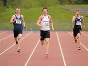 20 May 2012; Eoin Mulhall, Crusaders A.C., leads Curtis Woods, Unattached, left, and Ben Maze, Lagan Valley A.C., on his way to winning the Mens 400m event. Woodie's DIY AAI Games, Morton Stadium, Santry, Dublin. Picture credit: Tomas Greally / SPORTSFILE
