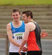 20 May 2012; Winner, Marcus Lawlor, St. Laurence O’Toole A.C., left, is congratulated by second place David Hynes, Menapians A.C., after the Mens 200m event. Woodie's DIY AAI Games, Morton Stadium, Santry, Dublin. Picture credit: Tomas Greally / SPORTSFILE