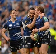 19 May 2012; Sean Cronin, Leinster, right, is congratulated by Dave Kearney after scoring his side's fifth try. Heineken Cup Final, Leinster v Ulster, Twickenham Stadium, Twickenham, England. Picture credit: Oliver McVeigh / SPORTSFILE