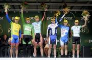 22 May 2012; Jersey wearers, from left, An Post race leader Pirmin Lang, Atlas Jakroo, An Post points leader Gediminas Bagdonas, An Post Sean Kelly team, One Direct stage winners jersey Marcin Bialoblocki, Node4 Girodana, Cuchulainn Crystal best placed county rider Adam Armstrong, Dublin Eurocycles, third on the stage Roy Eefting, Netherlands Koga, and Irish Sports Council U23 leading rider Richard Handley, Rapha Condor Sharp, following the third stage of the 2012 An Post Rás, into Westport, Co. Mayo. Gort - Westport. Picture credit: Stephen McCarthy / SPORTSFILE