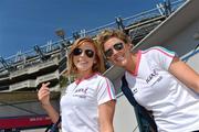 23 May 2012; Dublin players Gemma Fay, left, and Amy McGuinness at Croke Park prior to departure for Toronto for the 2012 TG4/O'Neills Ladies Football All-Star Tour. Dublin. Picture credit: Brendan Moran / SPORTSFILE