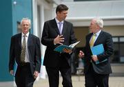 23 May 2012; Former Republic of Ireland international soccer player Niall Quinn with Chief Executive of the Irish Sports Council John Treacy, left, and Minister of State for Tourism & Sport Michael Ring T.D. in attendance at the launch of the Irish Sports Council’s SPEAK Report for 2011. Athy Community College, Athy, Co. Kildare. Picture credit: Matt Browne / SPORTSFILE