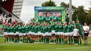 26 August 2017; The Ireland squad during the anthems in the 2017 Women's Rugby World Cup, 7th Place Play-Off between Ireland and Wales at Kingspan Stadium in Belfast. Photo by Oliver McVeigh/Sportsfile