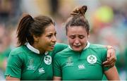 26 August 2017; An emotional Sene Naoupu, left, and Larissa Muldoon of Ireland after the 2017 Women's Rugby World Cup, 7th Place Play-Off between Ireland and Wales at Kingspan Stadium in Belfast. Photo by Oliver McVeigh/Sportsfile