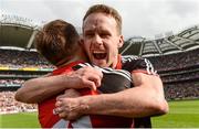 26 August 2017; Andy Moran of Mayo, behind, celebrates with team-mate Aidan O'Shea after the GAA Football All-Ireland Senior Championship Semi-Final Replay match between Kerry and Mayo at Croke Park in Dublin. Photo by Piaras Ó Mídheach/Sportsfile