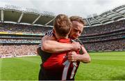 26 August 2017; Andy Moran of Mayo, behind, celebrates with team-mate Aidan O'Shea after the GAA Football All-Ireland Senior Championship Semi-Final Replay match between Kerry and Mayo at Croke Park in Dublin. Photo by Piaras Ó Mídheach/Sportsfile