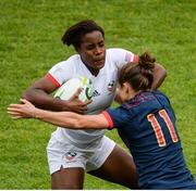 26 August 2017; Naya Tapper of USA is tackled by Camille Grassineau of France during the 2017 Women's Rugby World Cup, Bronze Final match between France and USA at Kingspan Stadium in Belfast. Photo by Oliver McVeigh/Sportsfile