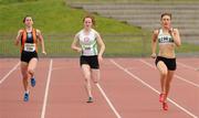 20 May 2012; Caoimhe Basquile, Sli Cualann A.C, left, eventual third place-Niamh Field, St.Coca's A.C and eventual winner, Susan Scallan, right, Raheny Shamrock A.C, in action during the Womens 200m  event. Woodie's DIY AAI Games, Morton Stadium, Santry, Dublin. Picture credit: Tomas Greally / SPORTSFILE