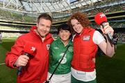 26 May 2012; Half-time Event winner Vicky Dolan, centre, with 98FM  presenters Aiden Power and Claire Solain, right, at Republic of Ireland v Bosnia - Senior International Friendly. Aviva Stadium, Lansdowne Road, Dublin. Picture credit: David Maher / SPORTSFILE
