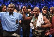 26 August 2017; Floyd Mayweather Jr with referee Robert Byrd following his super welterweight boxing match against Conor McGregor at T-Mobile Arena in Las Vegas, USA. Photo by Stephen McCarthy/Sportsfile