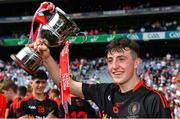 27 August 2017; Tyrone captain Cormac Munroe with the cup after the All-Ireland U17 Football Championship Final match between Tyrone and Roscommon at Croke Park in Dublin. Photo by Brendan Moran/Sportsfile