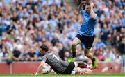 27 August 2017; Jack McCaffrey of Dublin reacts after kicking a shot on goal wide in the second half, as Tyrone goalkeeper Niall Morgan looks on, during the GAA Football All-Ireland Senior Championship Semi-Final match between Dublin and Tyrone at Croke Park in Dublin. Photo by Piaras Ó Mídheach/Sportsfile