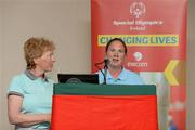 26 May 2012; Frances Kavanagh, Senior Director, SOI, with Fiona Byrne, from Navan Road, Dublin, and a member of the 'Cabra Lions' speaking during the 2012 Special Olympics Ireland AGM. Red Cow Moran Hotel, Naas Road, Dublin. Picture credit: Ray McManus / SPORTSFILE