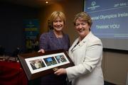 26 May 2012; Mary Davis, Chairperson, Special Olympics Ireland, makes a presentation to former Government Minister Nora Owen during the 2012 Special Olympics Ireland AGM. Red Cow Moran Hotel, Naas Road, Dublin. Picture credit: Ray McManus / SPORTSFILE