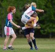 26 May 2012; Brid Stack, Cork and 2011 All Stars, &quot;disagrees&quot; with the decision of referee Keith Delahunty to award a penalty against her in the last minute of the game. The penalty was subsequently saved and the 2011 All Stars won by 2 points. 2012 TG4/O'Neills Ladies All-Star Tour Exhibition Game, 2010 All Stars v 2011 All Stars, Centennial Park, Toronto, Canada. Picture credit: Brendan Moran / SPORTSFILE