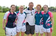 26 May 2012; Kerry players, on the 2010 and 2011 All Stars, from left, Edel Murphy, Bernie Breen, Louise Ni Mhuircheartaigh and Aisling Leonard with Robbie Griffin. 2012 TG4/O'Neills Ladies All-Star Tour Exhibition Game, 2010 All Stars v 2011 All Stars, Centennial Park, Toronto, Canada. Picture credit: Brendan Moran / SPORTSFILE