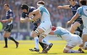 27 May 2012; Mike Ross, Leinster, is tackled by Ryan Jones and Alun Wyn Jones, right, Ospreys. Celtic League Grand Final, Leinster v Ospreys, RDS, Ballsbridge, Dublin. Picture credit: Matt Browne / SPORTSFILE