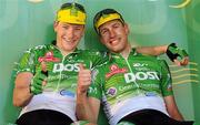 27 May 2012; Stage winner Gediminas Bagdonas, An Post Sean Kelly team, right, and team-mate Sam Bennett, who placed second, following the final stage of the 2012 An Post Rás. Cootehill - Skerries. Picture credit: Stephen McCarthy / SPORTSFILE