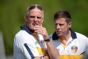 27 May 2012; Antrim manager Liam Bradley, left, along with his assistant Gearoid Adams. Ulster GAA Football  Senior Championship Quarter Final, Monaghan v Antrim, St Tiernach's Park, Clones, Co. Monaghan. Picture credit: Oliver McVeigh / SPORTSFILE