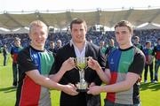 27 May 2012; Midlands players Aidan Leahy, left, and Tiernan Mealifte are presented with the Shane Horgan cup by Sean O'Brien, Leinster, at the Celtic League Grand Final. RDS, Ballsbridge, Dublin. Picture credit: Matt Browne / SPORTSFILE