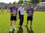 27 May 2012; Monaghan manager Eamon McEneaney, centre, with injured Monaghan players Darren Hughes, left, and Neil McAdam before the game. Ulster GAA Football  Senior Championship Quarter Final, Monaghan v Antrim, St Tiernach's Park, Clones, Co. Monaghan. Picture credit: Oliver McVeigh / SPORTSFILE