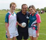 26 May 2012; Rachel Ruddy, left, and Sinéad Goldrick, Dublin and 2010 All Stars with Marty Morrissey. 2012 TG4/O'Neills Ladies All-Star Tour Exhibition Game, 2010 All Stars v 2011 All Stars, Centennial Park, Toronto, Canada. Picture credit: Brendan Moran / SPORTSFILE