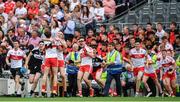 27 August 2017; Derry players celebrate at the final whistle of the Electric Ireland GAA Football All-Ireland Minor Championship Semi-Final match between Dublin and Derry at Croke Park in Dublin. Photo by Ramsey Cardy/Sportsfile
