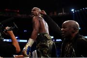 26 August 2017; Floyd Mayweather Jr and Floyd Mayweather Sr celebrates following his super welterweight boxing match against Conor McGregor at T-Mobile Arena in Las Vegas, USA. Photo by Stephen McCarthy/Sportsfile
