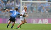 27 August 2017; Ronán Teahan of Aughatubrid NS, Co Kerry, representing Tyrone, in action against Jack Slevin of St. Mary’s NS, Co Offaly, representing Dublin, during the INTO Cumann na mBunscol GAA Respect Exhibition Go Games at Dublin v Tyrone - GAA Football All-Ireland Senior Championship Semi-Final at Croke Park in Dublin. Photo by Piaras Ó Mídheach/Sportsfile