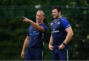 28 August 2017; Leinster's Robbie Henshaw in conversation with senior coach Stuart Lancaster during squad training at UCD in Dublin. Photo by Ramsey Cardy/Sportsfile
