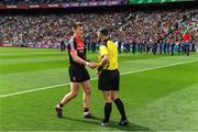 26 August 2017; Referee David Gough and Cillian O'Connor of Mayo shake hands before the GAA Football All-Ireland Senior Championship Semi-Final Replay match between Kerry and Mayo at Croke Park in Dublin. Photo by Ray McManus/Sportsfile