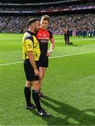 26 August 2017; Referee David Gough and Cillian O'Connor of Mayo in conversation before the GAA Football All-Ireland Senior Championship Semi-Final Replay match between Kerry and Mayo at Croke Park in Dublin. Photo by Ray McManus/Sportsfile