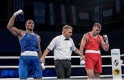 28 August 2017; Christian Salcedo of Columbia is declared victorious over Dean Gardiner of Ireland following their super heavyweight bout at the AIBA World Boxing Championships in Hamburg, Germany. Photo by AIBA via Sportsfile