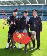 29 May 2012; In attendance at a Dublin Fire Brigade 150 year celebration photocall are Piper Jonathon Forbes, Tom McLoughlin and the DFB mascot 'Paddy' with Chief Fire Officer Stephen Brady. Dublin Fire Brigade and many of their friends from Fire and Police departments across the United States have travelled to Dublin to perform with them throughout the weekend, culminating in a performance at Croke Park for the Leinster GAA football senior championship 2012 quarter finals. Croke Park, Dublin. Picture credit: Ray McManus / SPORTSFILE