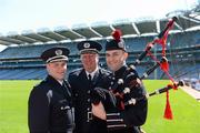 29 May 2012; In attendance at a Dublin Fire Brigade 150 year celebration photocall are Piper Jonathon Forbes, Greg O'Dwyer, left, Third Officer, DFB, and Chief Fire Officer Stephen Brady. Dublin Fire Brigade and many of their friends from Fire and Police departments across the United States have travelled to Dublin to perform with them throughout the weekend, culminating in a performance at Croke Park for the Leinster GAA football senior championship 2012 Quarter-Finals. Croke Park, Dublin. Picture credit: Ray McManus / SPORTSFILE
