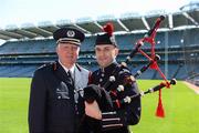 29 May 2012; In attendance at a Dublin Fire Brigade 150 year celebration photocall are Piper Jonathon Forbes, and Chief Fire Officer Stephen Brady. Dublin Fire Brigade and many of their friends from Fire and Police departments across the United States have travelled to Dublin to perform with them throughout the weekend, culminating in a performance at Croke Park for the Leinster GAA football senior championship 2012 Quarter-Finals. Croke Park, Dublin. Picture credit: Ray McManus / SPORTSFILE