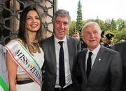 28 May 2012; The Republic of Ireland manager Giovanni Trapattoni with Miss Italia Stefania Bivoni, from Calabria, Italy, and John Delaney, Chief Executive of the FAI, at a civic reception for the Republic of Ireland squad at the Stabilimento Tettuccio, Montecatini, Italy. Picture credit: David Maher / SPORTSFILE