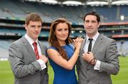 29 May 2012; Bryan Sheehan, Kerry, right, and Eoin Cadogan, Cork, with model Holly Carpenter in attendance at the launch by TJH Jewellery of their exclusive ‘Love Your County’ GAA jewellery collection. Croke Park, Dublin. Picture credit: Ray McManus / SPORTSFILE