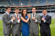 29 May 2012; Finian Hanley, Galway, left, with, from left to right, Eoin Cadogan, Cork, Bryan Sheehan, Kerry, Eamonn O'Callaghan, Kildare, and model Holly Carpenter in attendance at the launch by TJH Jewellery of their exclusive ‘Love Your County’ GAA jewellery collection. Croke Park, Dublin. Picture credit: Ray McManus / SPORTSFILE