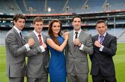 29 May 2012; Finian Hanley, Galway, left, with, from left to right, Eoin Cadogan, Cork, Bryan Sheehan, Kerry, Eamonn O'Callaghan, Kildare, and model Holly Carpenter in attendance at the launch by TJH Jewellery of their exclusive ‘Love Your County’ GAA jewellery collection. Croke Park, Dublin. Picture credit: Ray McManus / SPORTSFILE